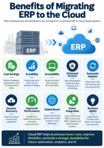 Benefits of migrating ERP to the cloud, including cost savings, scalability, security, accessibility, integration, and business agility.