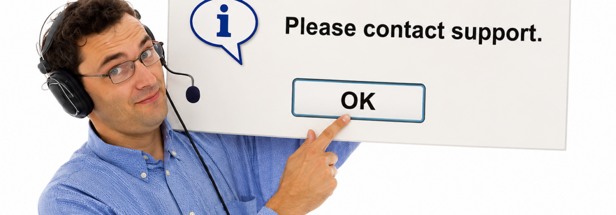 Technical support specialist pointing to a 'Please contact support' message, representing SAP Business One support services and ERP troubleshooting assistance.