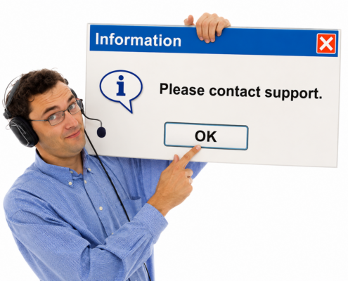 Technical support specialist pointing to a 'Please contact support' message, representing SAP Business One support services and ERP troubleshooting assistance.