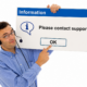 Technical support specialist pointing to a 'Please contact support' message, representing SAP Business One support services and ERP troubleshooting assistance.