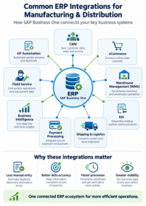 Common ERP integrations connecting SAP Business One with CRM, eCommerce, WMS, EDI, shipping, payments, and field service