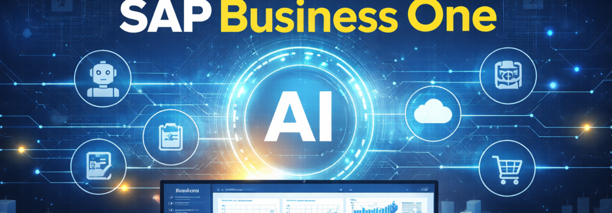 AI in SAP Business One dashboard showing ERP automation, data analytics, and intelligent business technology