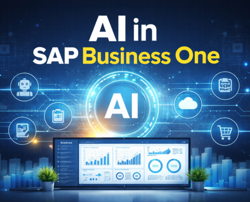 AI in SAP Business One dashboard showing ERP automation, data analytics, and intelligent business technology