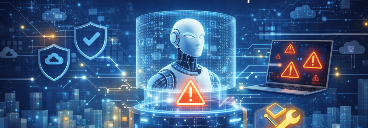 AI governance and business risk illustration with robotic AI system, warning symbols, and cybersecurity shields in ERP environment