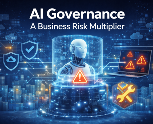 AI governance and business risk illustration with robotic AI system, warning symbols, and cybersecurity shields in ERP environment
