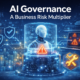 AI governance and business risk illustration with robotic AI system, warning symbols, and cybersecurity shields in ERP environment