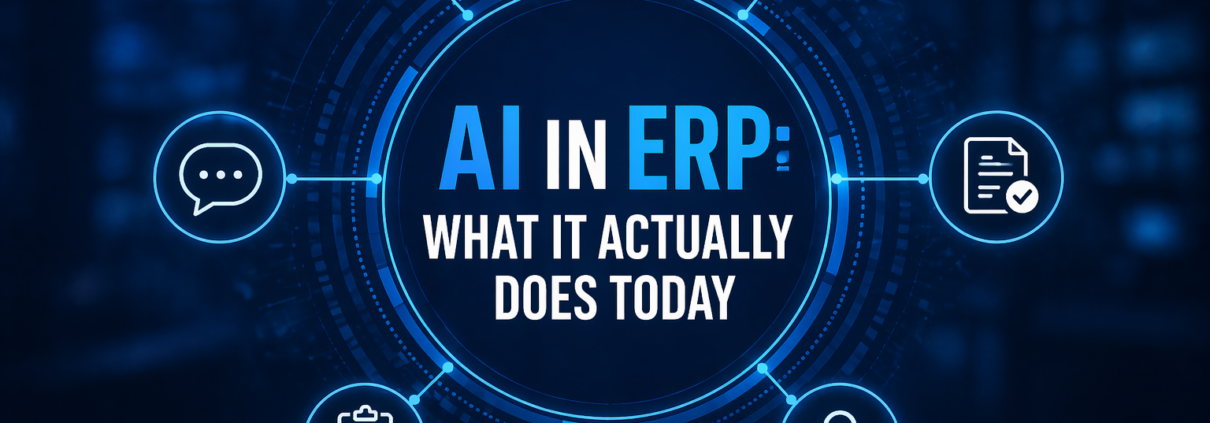 AI in ERP systems visual with predictive analytics, automation, and business insights surrounding a central ERP interface.