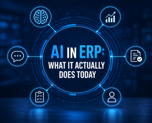 AI in ERP systems visual with predictive analytics, automation, and business insights surrounding a central ERP interface.