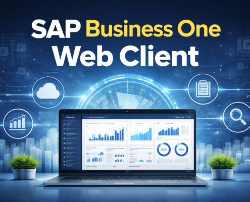 SAP Business One Web Client dashboard displayed on laptop with cloud ERP analytics and modern business interface