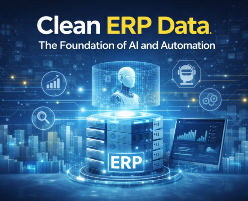 Clean ERP data powering AI and automation in SAP Business One with digital dashboard and data management visualization