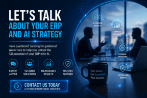 Contact us banner for ERP and AI strategy showing business professionals, analytics icons, and call to action for consultation.