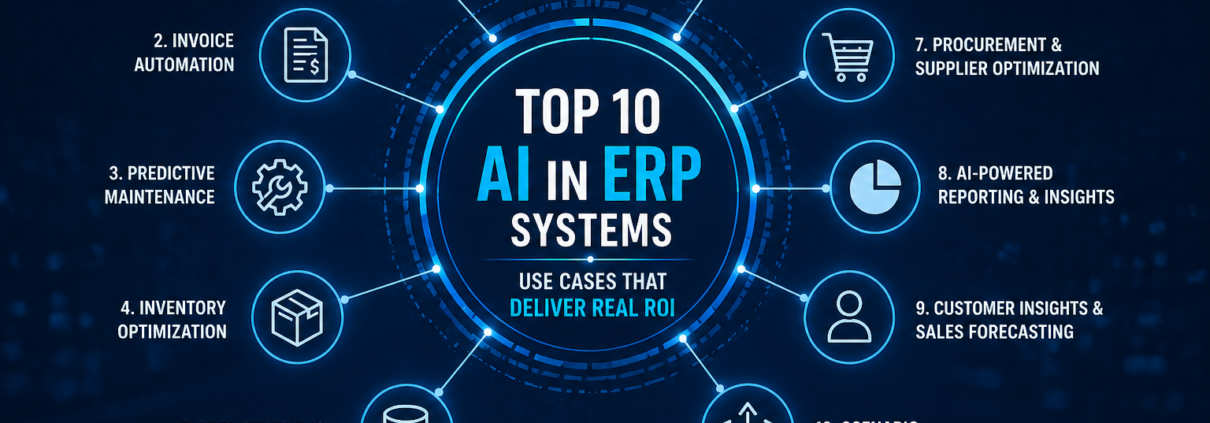 Top 10 AI in ERP systems use cases infographic showing forecasting, automation, predictive maintenance, and analytics delivering real ROI.