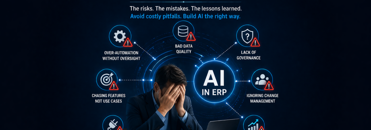 AI in ERP systems risks visual highlighting common failures like bad data quality, lack of governance, and unrealistic expectations.