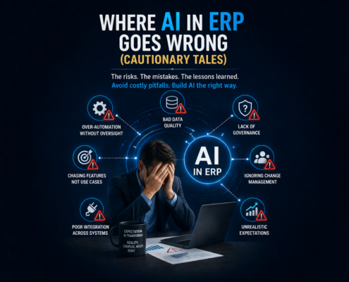 AI in ERP systems risks visual highlighting common failures like bad data quality, lack of governance, and unrealistic expectations.