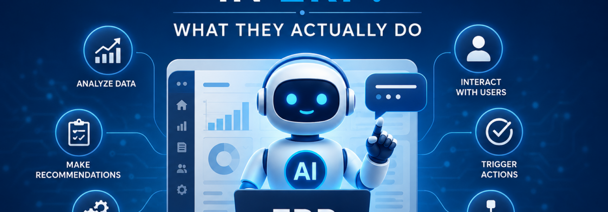 Featured image for a blog about AI agents in ERP systems, showing an AI assistant managing ERP workflows, automation, data analysis, recommendations, and business decision-making with the headline “AI Agents in ERP: What They Actually Do.”
