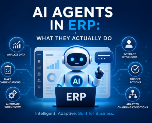 Featured image for a blog about AI agents in ERP systems, showing an AI assistant managing ERP workflows, automation, data analysis, recommendations, and business decision-making with the headline “AI Agents in ERP: What They Actually Do.”