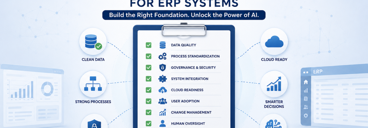 Featured image for an AI readiness checklist for ERP systems, showing a centralized ERP readiness checklist surrounded by icons representing clean data, governance, cloud readiness, strong processes, smarter decisions, and AI success.