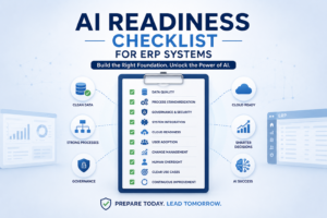Featured image for an AI readiness checklist for ERP systems, showing a centralized ERP readiness checklist surrounded by icons representing clean data, governance, cloud readiness, strong processes, smarter decisions, and AI success.