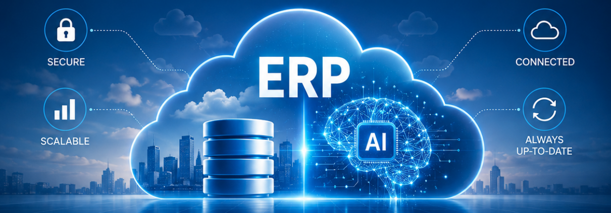 Featured image for a blog about cloud ERP and AI, showing a glowing cloud graphic divided between Cloud ERP and AI with icons representing centralized data, scalability, automation, predictive insights, and smarter business decisions under the headline “Cloud ERP + AI: The Real Shift.”