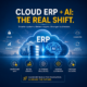 Featured image for a blog about cloud ERP and AI, showing a glowing cloud graphic divided between Cloud ERP and AI with icons representing centralized data, scalability, automation, predictive insights, and smarter business decisions under the headline “Cloud ERP + AI: The Real Shift.”
