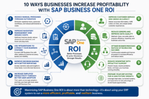 SAP Business One ROI strategies that help businesses increase profitability through automation, integrations, reporting, inventory management, and process improvements.