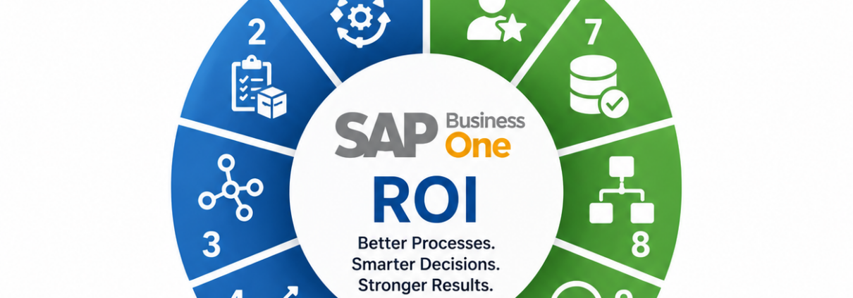 SAP Business One ROI infographic showing 10 ways businesses increase profitability through automation, integrations, better reporting, inventory management, and process improvements.