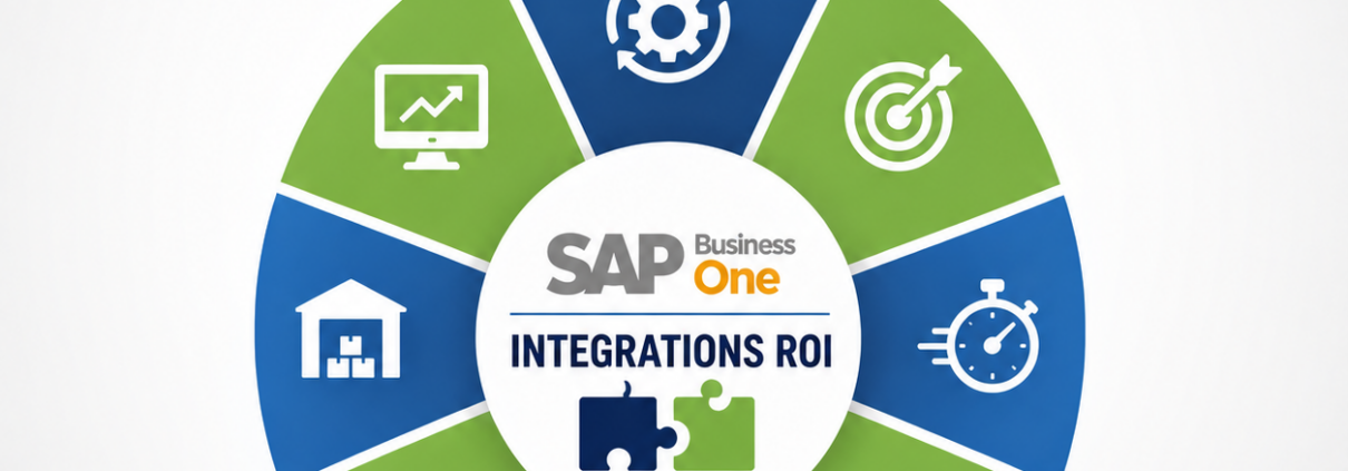 SAP Business One integrations ROI feature image showing how connected business systems improve automation, efficiency, data accuracy, and profitability.