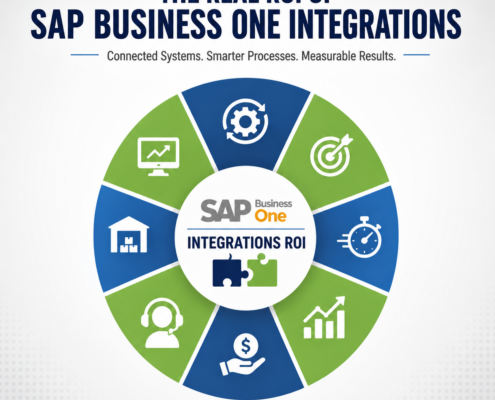 SAP Business One integrations ROI feature image showing how connected business systems improve automation, efficiency, data accuracy, and profitability.