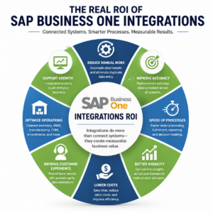 SAP Business One integrations ROI infographic showing how connected systems improve automation, efficiency, data accuracy, inventory visibility, and business profitability.