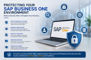 SAP Business One security risks can be reduced through system updates, user access management, data protection, and proactive ERP support.