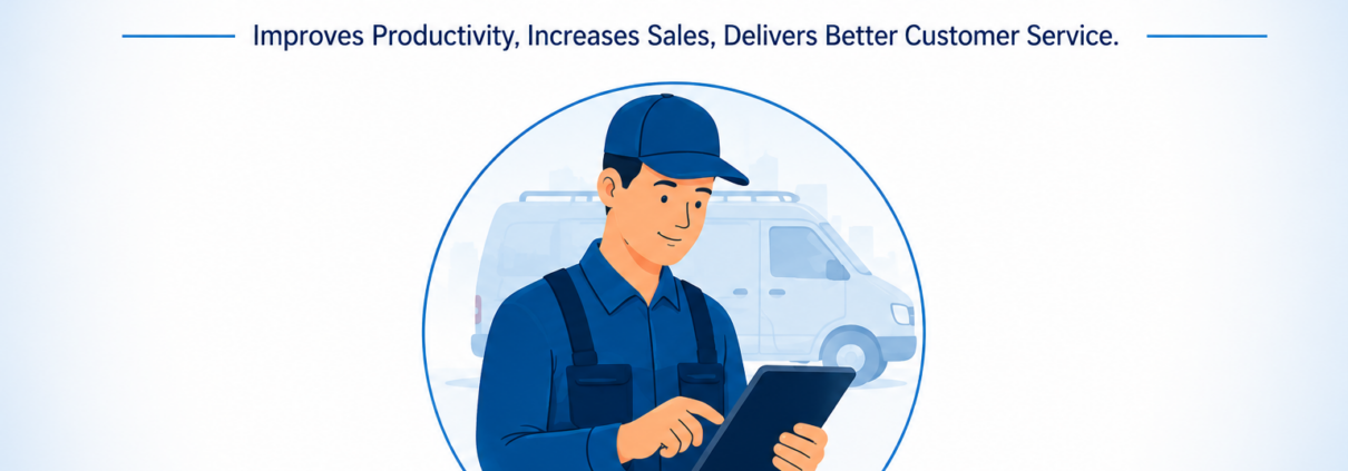 SAP Business One Field Service infographic highlighting mobile access, real-time inventory, work orders, scheduling, invoicing, customer service, and business insights