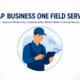 SAP Business One Field Service infographic highlighting mobile access, real-time inventory, work orders, scheduling, invoicing, customer service, and business insights