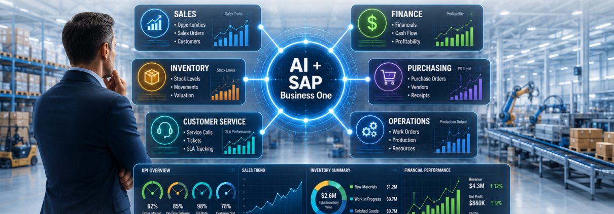 Business executive using AI for SAP Business One to connect sales, finance, inventory, purchasing, customer service, and operations through intelligent ERP dashboards in a modern manufacturing environment.