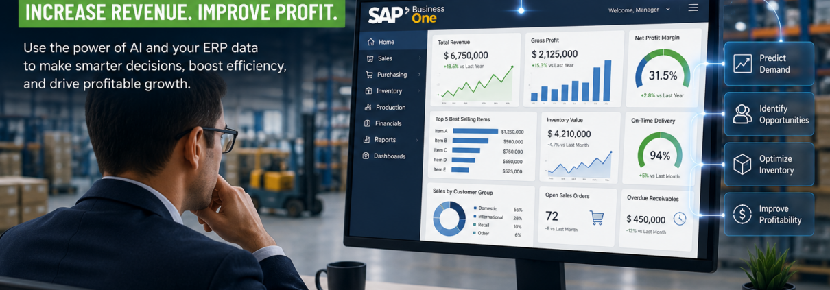 Business executive using AI for SAP Business One to analyze ERP dashboards, improve profitability, increase revenue, optimize inventory, and make smarter business decisions.