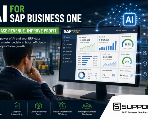 Business executive using AI for SAP Business One to analyze ERP dashboards, improve profitability, increase revenue, optimize inventory, and make smarter business decisions.
