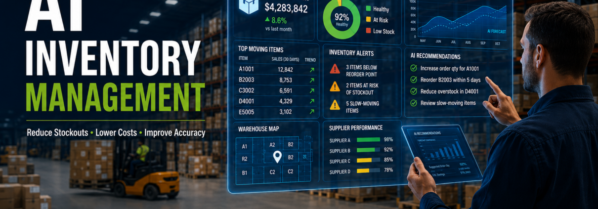 Inventory manager using an AI dashboard with SAP Business One data to improve inventory forecasting, reduce stockouts, optimize warehouse operations, and lower inventory costs.