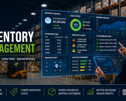 Inventory manager using an AI dashboard with SAP Business One data to improve inventory forecasting, reduce stockouts, optimize warehouse operations, and lower inventory costs.