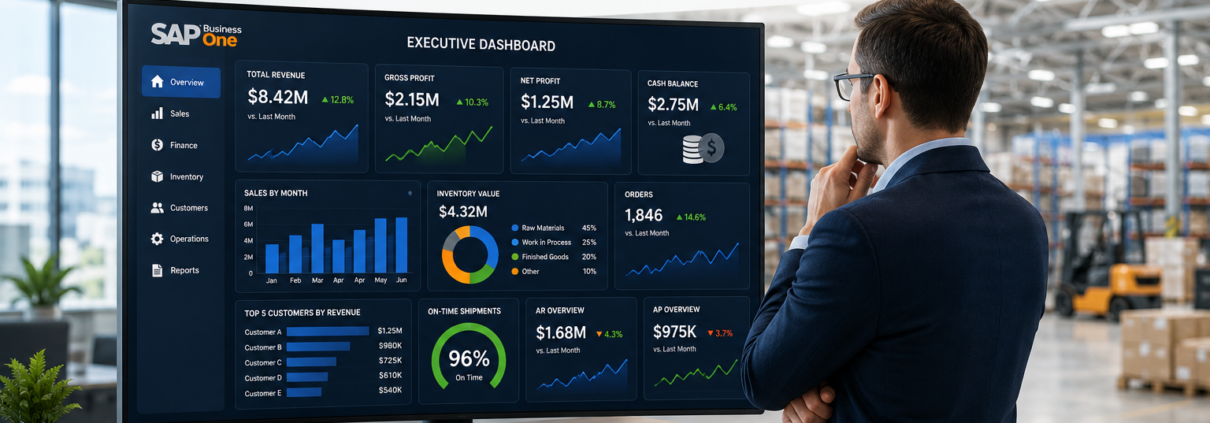 Business Intelligence for SAP Business One featured image showing an executive viewing real-time dashboards with KPIs, analytics, and business performance metrics