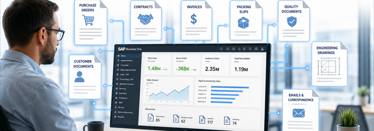 Document Management for SAP Business One featured image showing a professional accessing centralized digital documents including invoices, contracts, purchase orders, and engineering drawings through an ERP dashboard