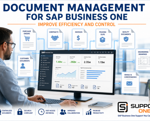 Document Management for SAP Business One featured image showing a professional accessing centralized digital documents including invoices, contracts, purchase orders, and engineering drawings through an ERP dashboard