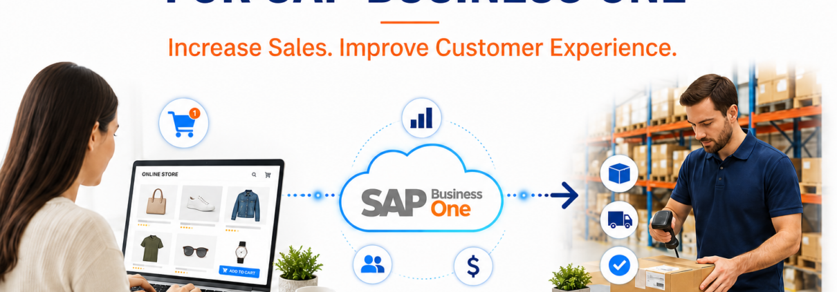 eCommerce Integration for SAP Business One featured image showing an online customer placing an order that flows into SAP Business One for warehouse fulfillment and shipping