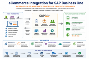 eCommerce Integration for SAP Business One infographic illustrating online store integration, automated order processing, inventory synchronization, payment processing, order fulfillment, and improved customer experience