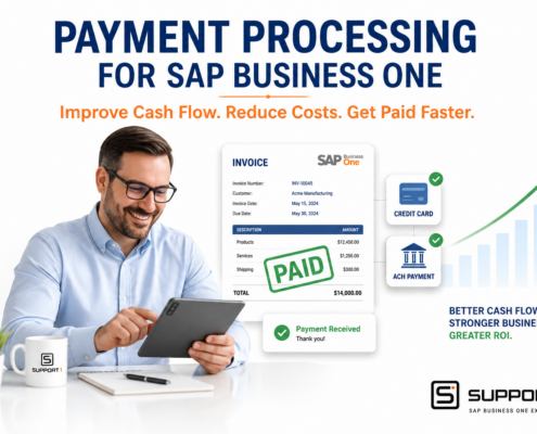 Payment Processing for SAP Business One featured image showing a finance professional using a tablet with a paid invoice, integrated credit card and ACH payments, and improved cash flow