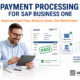 Payment Processing for SAP Business One featured image showing a finance professional using a tablet with a paid invoice, integrated credit card and ACH payments, and improved cash flow