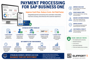 Payment Processing for SAP Business One infographic illustrating integrated customer payment processing, automated receivables, improved cash flow, secure payment processing, and real-time financial reporting