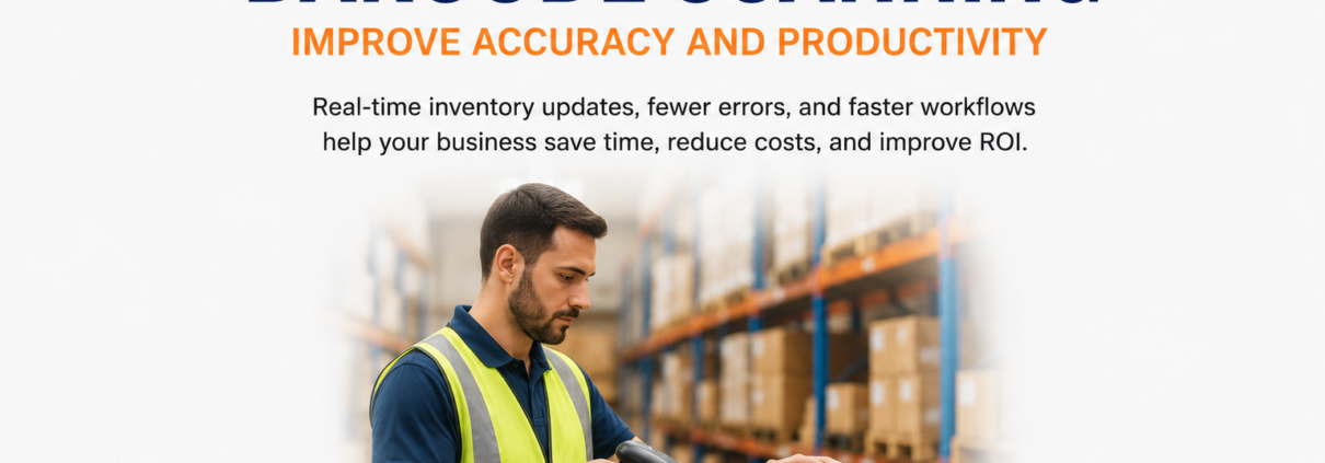 SAP Business One Barcode Scanning featured image showing a warehouse worker scanning a barcode on a shipping box to improve inventory accuracy and warehouse productivity