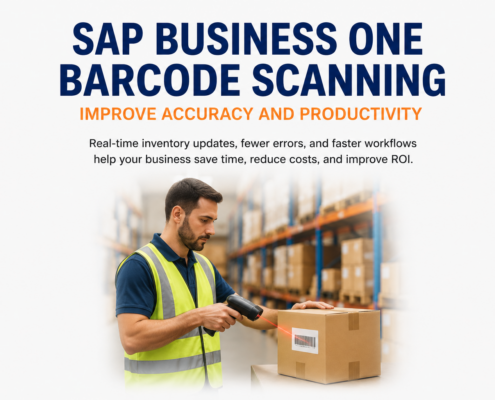 SAP Business One Barcode Scanning featured image showing a warehouse worker scanning a barcode on a shipping box to improve inventory accuracy and warehouse productivity