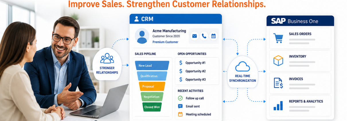 CRM Integration for SAP Business One featured image showing a salesperson meeting with a customer while CRM software synchronizes with SAP Business One to improve sales and customer relationships