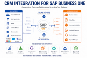 CRM Integration for SAP Business One infographic showing two-way synchronization between CRM software and SAP Business One to improve sales, customer service, forecasting, and business productivity