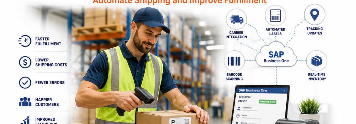 Shipping Integration for SAP Business One featured image showing a warehouse employee scanning a shipping label while SAP Business One automates carrier integration, shipment tracking, and order fulfillment